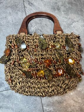 Woven Beaded Tote Bag in Brown with Amber Accents